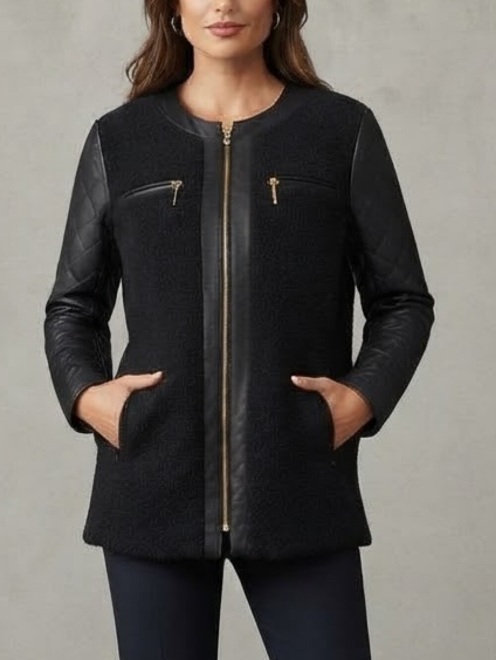 Apt. 9 Black Dressy Jacket Faux Boiled Wool Quilted Sleeves Size S